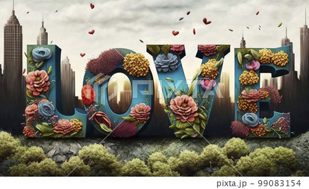 Floral Love, Stunning Display of Flowers Spell Out the Word of LOVE. AI generative. 99083154