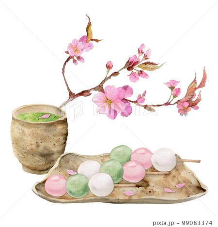 Watercolor hand drawn traditional Japanese sweets. Spring dango, sakura cherry blossom, matcha tea Isolated on white background. Design for invitations, restaurant menu, greeting cards, print, textile 99083374
