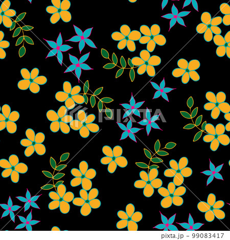 Seamless Repeat Pattern with Flowers and Leaves on black background. Hand drawn fabric, gift wrap, wall art design. 99083417