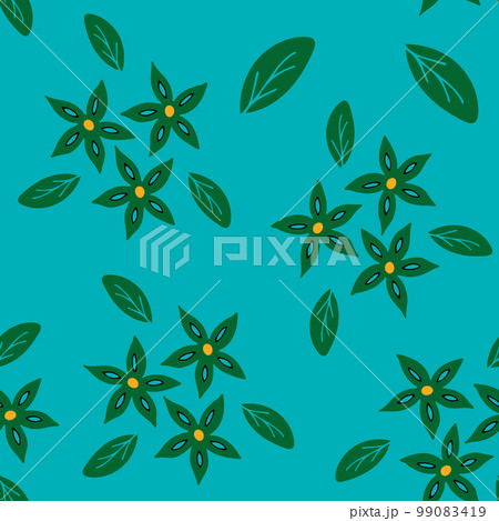 Seamless Repeat Pattern with Flowers and Leaves on Blue background. Hand drawn fabric, gift wrap, wall art design. 99083419