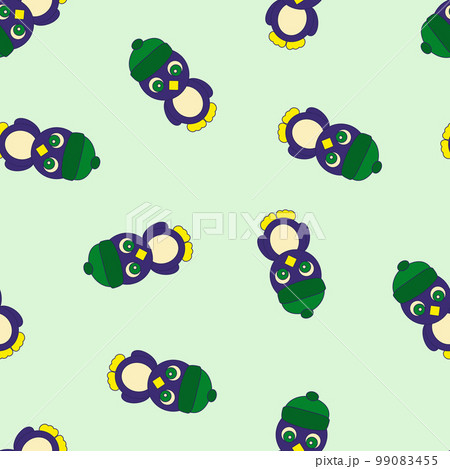 Colorful Seamless Pattern with Christmas Penguin in a Hat. Digital Paper with Penguin on Green background. Colorful Seamless Pattern with Christmas Penguin in a Hat. Digital Paper with Penguin on Green background. 99083455