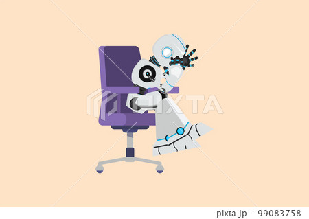 Business flat drawing depressed robot holding his head sitting alone on the chair. Regret on business mistake. Humanoid robot cybernetic. Future robotic development. Cartoon design vector illustration Business flat drawing depressed robot holding his head sitting alone on the chair. Regret on business mistake. Humanoid robot cybernetic. Future robotic development. Cartoon design vector illustration 99083758