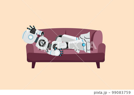 Business design drawing depressed robot tired rest on sofa. Frustrated worker holding head lying on sofa. Future technology development. Artificial intelligence. Flat cartoon style vector illustration Business design drawing depressed robot tired rest on sofa. Frustrated worker holding head lying on sofa. Future technology development. Artificial intelligence. Flat cartoon style vector illustration 99083759