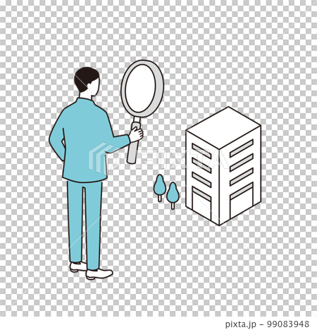 A man looking for a job looking at a company with a magnifying glass 99083948