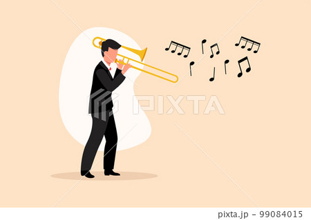 Business flat drawing trombone player. Male performer play wind instrument. Music artist boy. Jazz man. Musician play trumpet. Entertainment. Classic music event. Cartoon design vector illustration 99084015