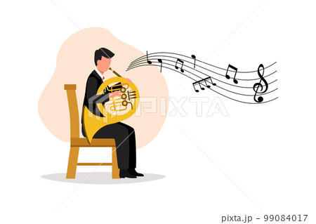 Business design drawing male musician in suit performing classic melody on French horn. Instrumentalist playing music on brass instrument. Man with trumpet. Flat cartoon style vector illustration 99084017