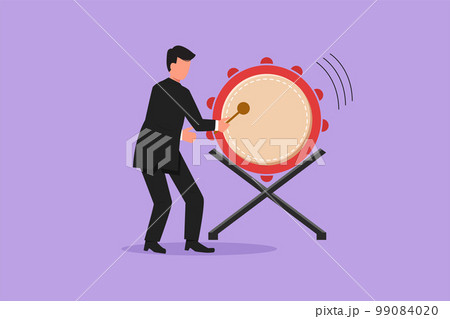 Business design drawing man character hitting bedug or traditional drum for suhoor and iftar time Ramadan. Muslim person calling other people to pray to mosque. Flat cartoon style vector illustration 99084020