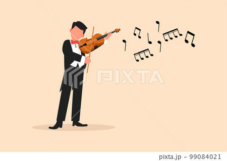 Business flat drawing happy man musician playing violin. Classical music performer with musical instrument. Male musician wearing suit playing violin. Cartoon draw character design vector illustration Business flat drawing happy man musician playing violin. Classical music performer with musical instrument. Male musician wearing suit playing violin. Cartoon draw character design vector illustration 99084021