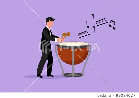 Business flat cartoon style drawing male percussion player play on timpani. Man performer holding stick and playing musical instrument. Musical instrument timpani. Graphic design vector illustration 99084027