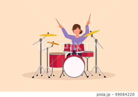 Business flat drawing female musician, jazz, rock and roll playing drum instruments, percussion. Music festival, pop concert, wedding party performance. Cartoon character design vector illustration 99084220