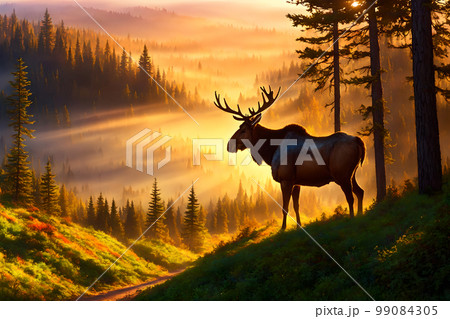 Big male Bull moose in deep coniferous forest in rays of sunset, AI generated 99084305
