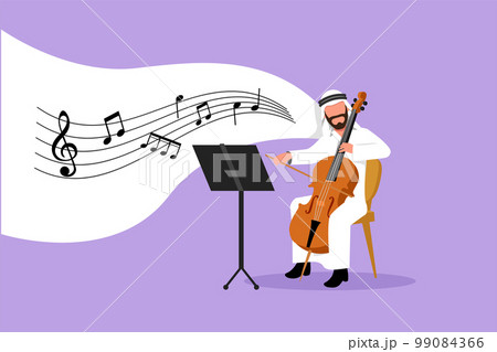 Business design drawing young Arabian male performer playing on contrabass. Cellist man playing cello, musician playing classical music instrument. Flat cartoon character style vector illustration Business design drawing young Arabian male performer playing on contrabass. Cellist man playing cello, musician playing classical music instrument. Flat cartoon character style vector illustration 99084366