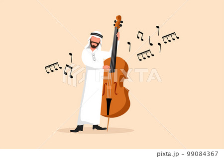 Business flat cartoon drawing double bass player with big string instrument. Arabian man musician playing classical music with fingers. Professional contrabassist. Graphic design vector illustration 99084367