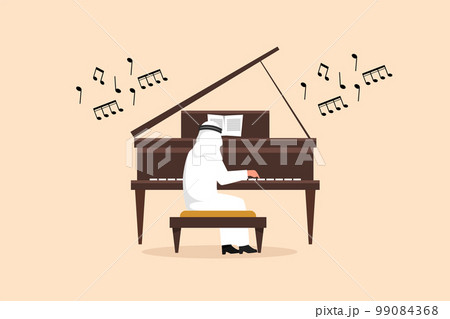 Business flat drawing Arabian man playing piano. Male performer sits at musical instrument and plays jazz or blues. Professional musician. Person performs on stage. Cartoon design vector illustration 99084368