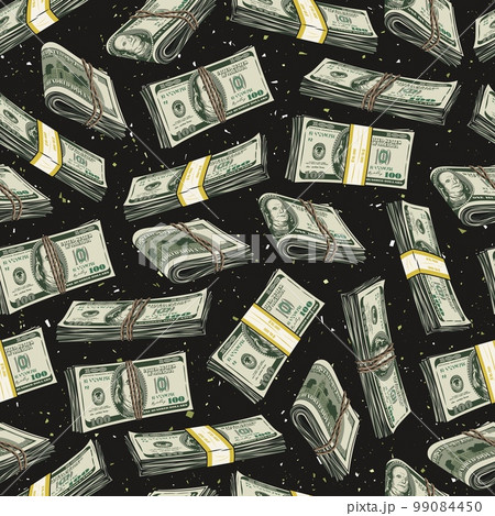 Money seamless pattern with wads of one hundred US dollar bills on a black textured background. Falling dollar stacks. Detailed vector illustration. 99084450