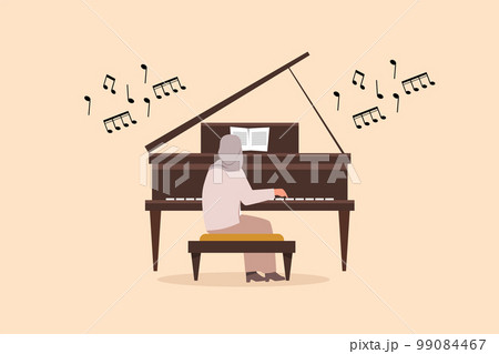 Business flat cartoon style character drawing Arab woman playing piano. Female performer sitting at musical instrument and play jazz or blues. Professional musician. Graphic design vector illustration Business flat cartoon style character drawing Arab woman playing piano. Female performer sitting at musical instrument and play jazz or blues. Professional musician. Graphic design vector illustration 99084467