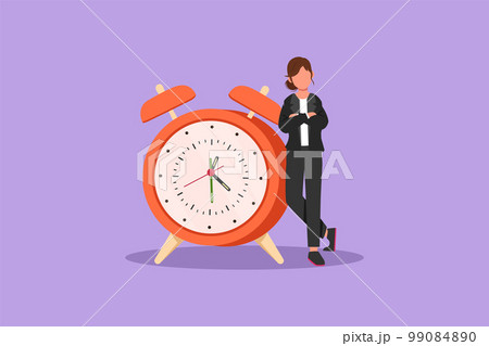 Graphic flat design drawing cute businesswoman, manager or employee stand leaning to big clock. Time management concept. Time, watch, limited offer, deadline symbol. Cartoon style vector illustration 99084890