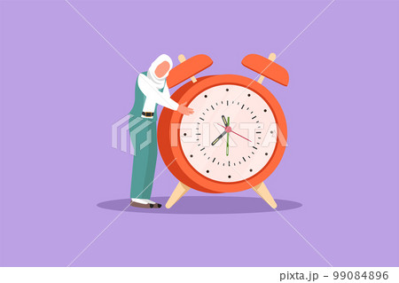 Flat cartoon style drawing Arab businesswoman, manager or employee stand and hugging big clock. Time management concept, watch, time to work. Love on time project. Graphic design vector illustration 99084896