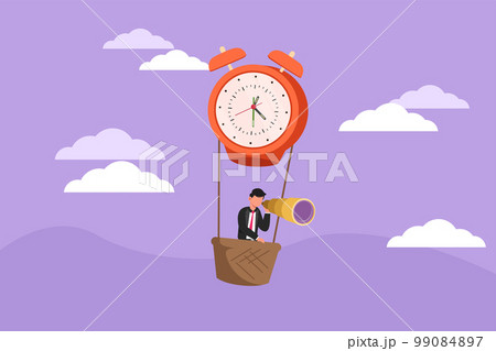 Character flat drawing happy businessman, manager or employee ride hot air balloon alarm clock and looking forward with telescope. Time management business travel. Cartoon design vector illustration 99084897