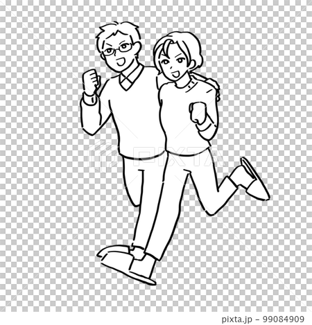 二人三脚で走る男性と女性（線画） 99084909