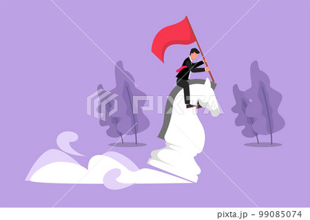 Graphic flat design drawing motivation businessman riding big chess horse knight and holding flag, strategy, goals, competitive, strategic move in business concept. Cartoon style vector illustration 99085074