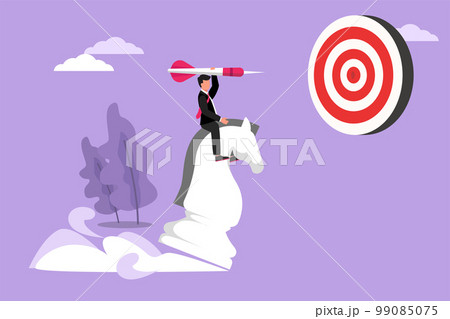 Character flat drawing accuracy businessman holding a dart arrow while riding chess knight piece, strategic concept. Success manager achievement. Business metaphor. Cartoon design vector illustration 99085075