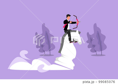 Character flat drawing of precise businessman holding archery aiming target while riding chess knight piece, strategic competition concept. Success business manager. Cartoon design vector illustration 99085076