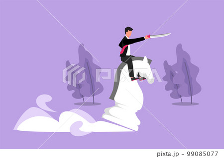 Graphic flat design drawing competitive businessman riding big chess horse knight with sword. Idea, business strategy, winning competition, achievement goal concept. Cartoon style vector illustration Graphic flat design drawing competitive businessman riding big chess horse knight with sword. Idea, business strategy, winning competition, achievement goal concept. Cartoon style vector illustration 99085077