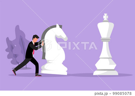 Cartoon flat style drawing competitive businessman push huge knight chess piece to beat king. Business strategy, marketing plan. Strategic move in business concept. Graphic design vector illustration 99085078