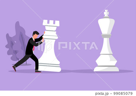 Character flat drawing of competitive businessman push huge rook chess piece to beat king. Business strategy and marketing plan. Strategic move in business concept. Cartoon design vector illustration Character flat drawing of competitive businessman push huge rook chess piece to beat king. Business strategy and marketing plan. Strategic move in business concept. Cartoon design vector illustration 99085079