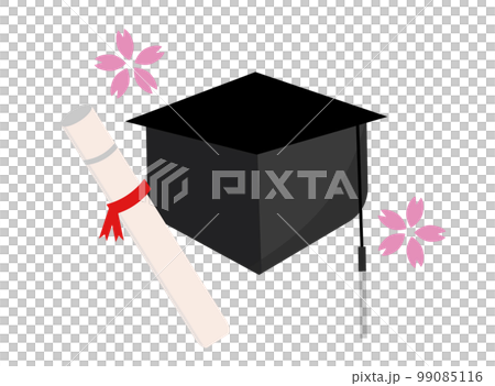 大学の卒業式。卒業証書と帽子。大学院の卒業。ベクターイラスト 99085116