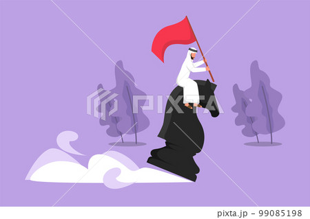 Cartoon flat style drawing motivation Arabian businessman riding big chess horse knight and holding flag, strategy, goals, competitive, strategic move in business. Graphic design vector illustration 99085198