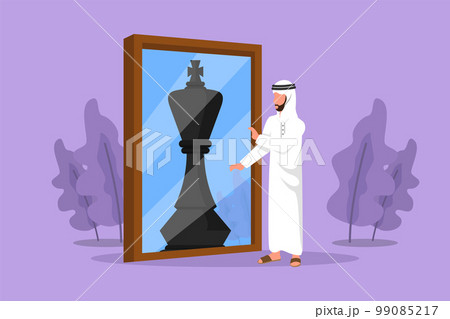 Cartoon flat style drawing handsome Arabian businessman standing in front of mirror, reflecting chess king. Metaphor of confidence. Success business, opportunities. Graphic design vector illustration Cartoon flat style drawing handsome Arabian businessman standing in front of mirror, reflecting chess king. Metaphor of confidence. Success business, opportunities. Graphic design vector illustration 99085217