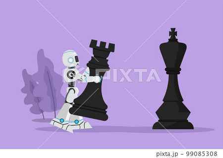 Graphic flat design drawing robot holding rook chess piece to beat king chess. Strategic movement game plan. Future technology development. Artificial intelligence. Cartoon style vector illustration 99085308