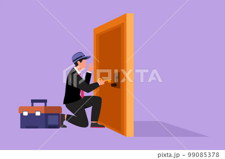 Graphic flat design drawing businessman prying doorknob with screwdriver. Man repair broken handle door knob with handyman tool in tool box. Success business concept. Cartoon style vector illustration 99085378