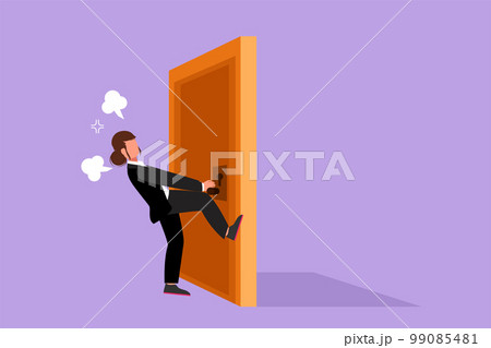 Character flat drawing businesswoman pulling closed door knob with power. Business struggles metaphor. Strength for success in market competition. Open closed door. Cartoon design vector illustration 99085481