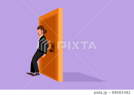 Cartoon flat style drawing of businesswoman pushing door with her back. Business struggles metaphor. Strength for success. Business concept of overcoming obstacles. Graphic design vector illustration 99085482