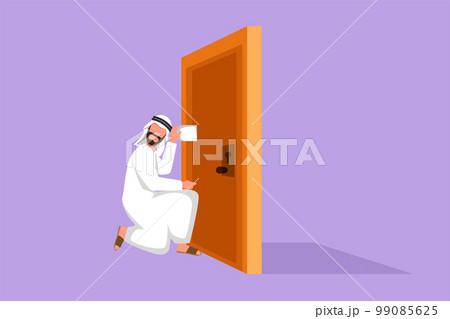 Graphic flat design drawing Arab man eavesdropping at the door. Curious businessman listening to conversation in front of the closed door. Privacy violation concept. Cartoon style vector illustration Graphic flat design drawing Arab man eavesdropping at the door. Curious businessman listening to conversation in front of the closed door. Privacy violation concept. Cartoon style vector illustration 99085625