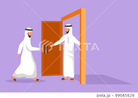 Graphic flat design drawing Arab businessman at the door welcomes his friend in. Male manager is inviting his friend to get into his house. Hospitality or friendship. Cartoon style vector illustration Graphic flat design drawing Arab businessman at the door welcomes his friend in. Male manager is inviting his friend to get into his house. Hospitality or friendship. Cartoon style vector illustration 99085626