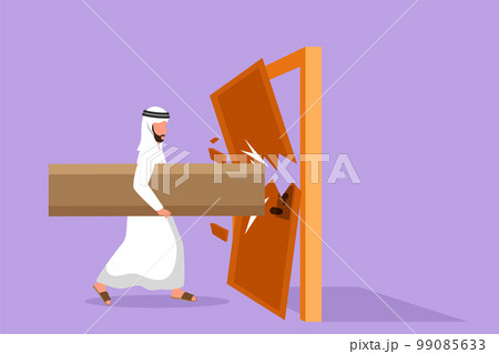 Cartoon flat style drawing Arab businessman holding large log and destroying door. Overcome business challenges, and destroying obstacles with power and brute force. Graphic design vector illustration 99085633