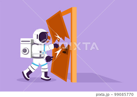 Graphic flat design drawing young astronaut punching and destroying door in moon surface. Depicts eliminating barrier of entries door. Cosmonaut deep space concept. Cartoon style vector illustration 99085770