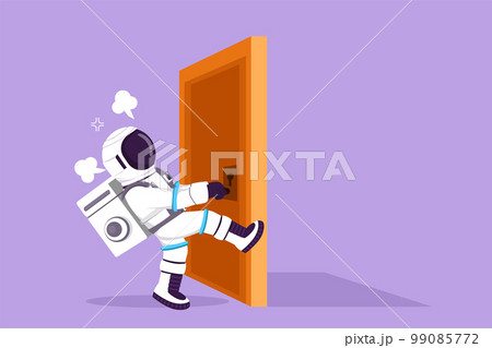 Cartoon flat style drawing of young astronaut pulling closed door knob with power in moon surface. Strength for success in competition. Cosmic galaxy space concept. Graphic design vector illustration Cartoon flat style drawing of young astronaut pulling closed door knob with power in moon surface. Strength for success in competition. Cosmic galaxy space concept. Graphic design vector illustration 99085772