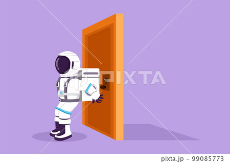 Graphic flat design drawing of young astronaut pushing door with his back in moon surface. Strength for success, overcoming obstacles. Cosmonaut deep space concept. Cartoon style vector illustration 99085773