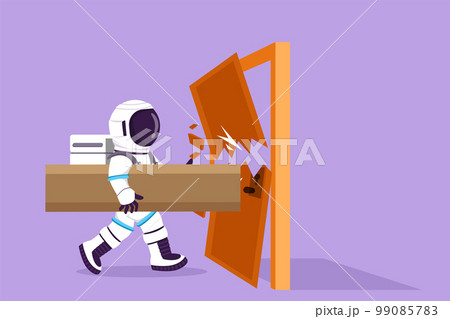Character flat drawing young astronaut holding large log and destroying door in moon surface. Destroying obstacles with power and brute force. Cosmonaut outer space. Cartoon design vector illustration Character flat drawing young astronaut holding large log and destroying door in moon surface. Destroying obstacles with power and brute force. Cosmonaut outer space. Cartoon design vector illustration 99085783