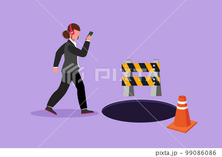 Graphic flat design drawing businesswoman listen music with headphone, walking on street, watching smartphone, did not see open manhole. Woman walks to business trap. Cartoon style vector illustration 99086086
