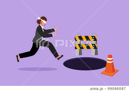Character flat drawing blindfolded young businesswoman running to find money with pit hole. Female manager runs to business trap. Blind investment metaphor concept. Cartoon design vector illustration Character flat drawing blindfolded young businesswoman running to find money with pit hole. Female manager runs to business trap. Blind investment metaphor concept. Cartoon design vector illustration 99086087