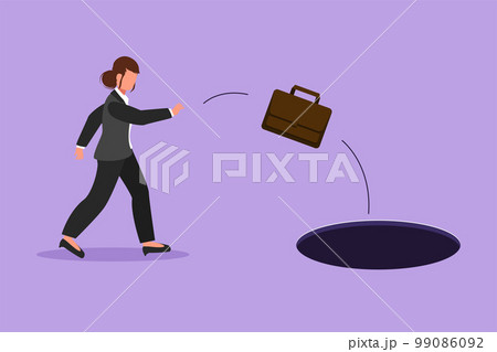 Cartoon flat style drawing businesswoman throws briefcase into hole. Failure to take advantage of business opportunities. Frustrated worker due to financial crisis. Graphic design vector illustration Cartoon flat style drawing businesswoman throws briefcase into hole. Failure to take advantage of business opportunities. Frustrated worker due to financial crisis. Graphic design vector illustration 99086092