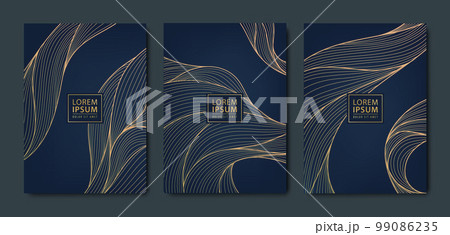 Vector japanese leaves art deco patterns. Wavy, sea golden elements template in vintage style. Luxury black line covers, flyers, brochures, packaging design, social media post, banners Vector japanese leaves art deco patterns. Wavy, sea golden elements template in vintage style. Luxury black line covers, flyers, brochures, packaging design, social media post, banners 99086235