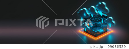 Cloud computing Data Base Technology concept with glowing neon structures on a dark banner. Generative AI illustration 99086529