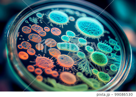Petri dish with abstract bacteria and viruses, macro view. Generative AI illustration Petri dish with abstract bacteria and viruses, macro view. Generative AI illustration 99086530